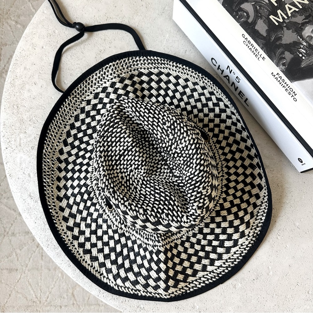 NWT BP straw sun hat black white with black chin tie resortwear beach - Picture 2 of 5
